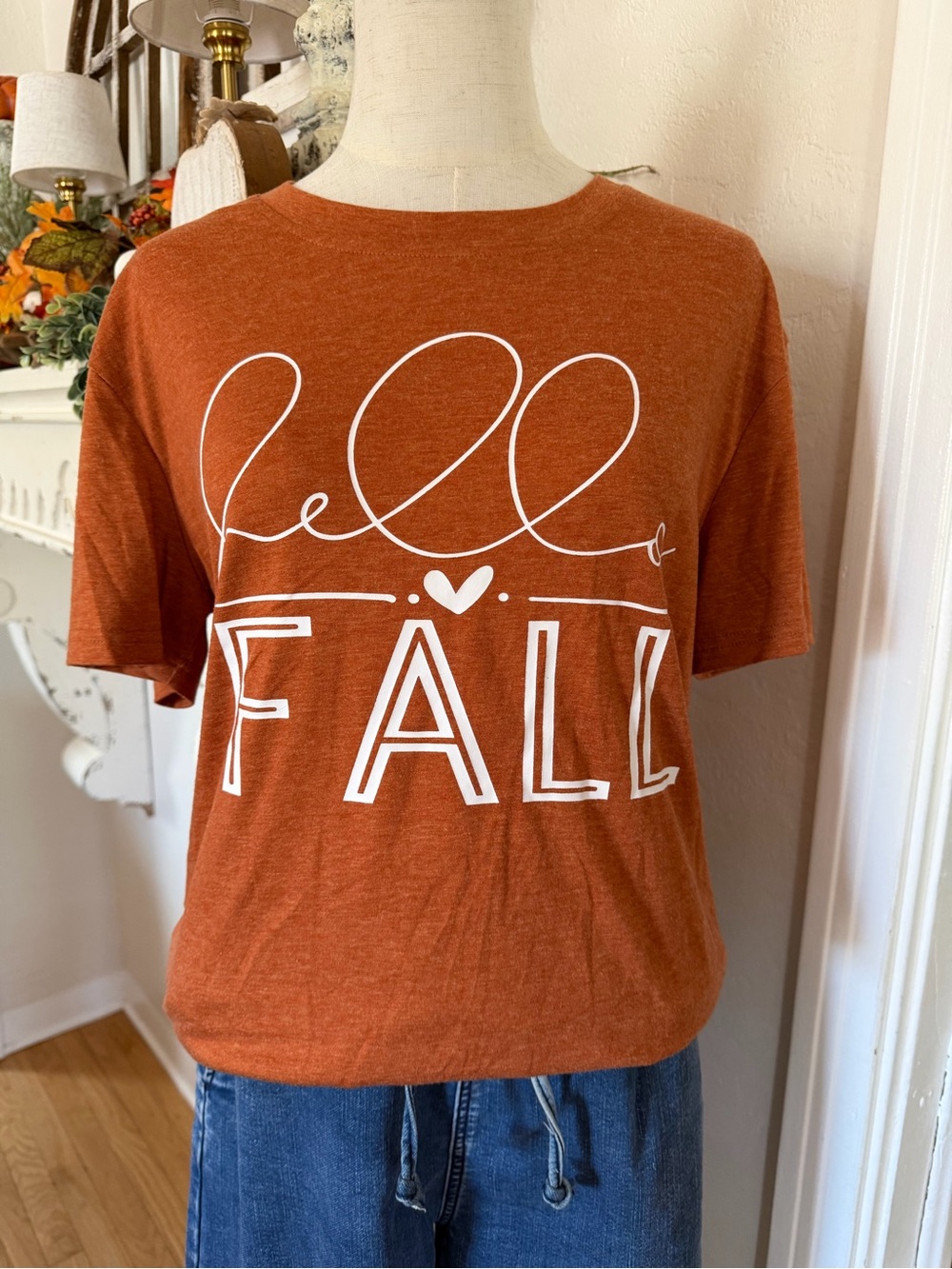 Source Unknown Rust Orange "Hello Fall" Short Sleeve Tee